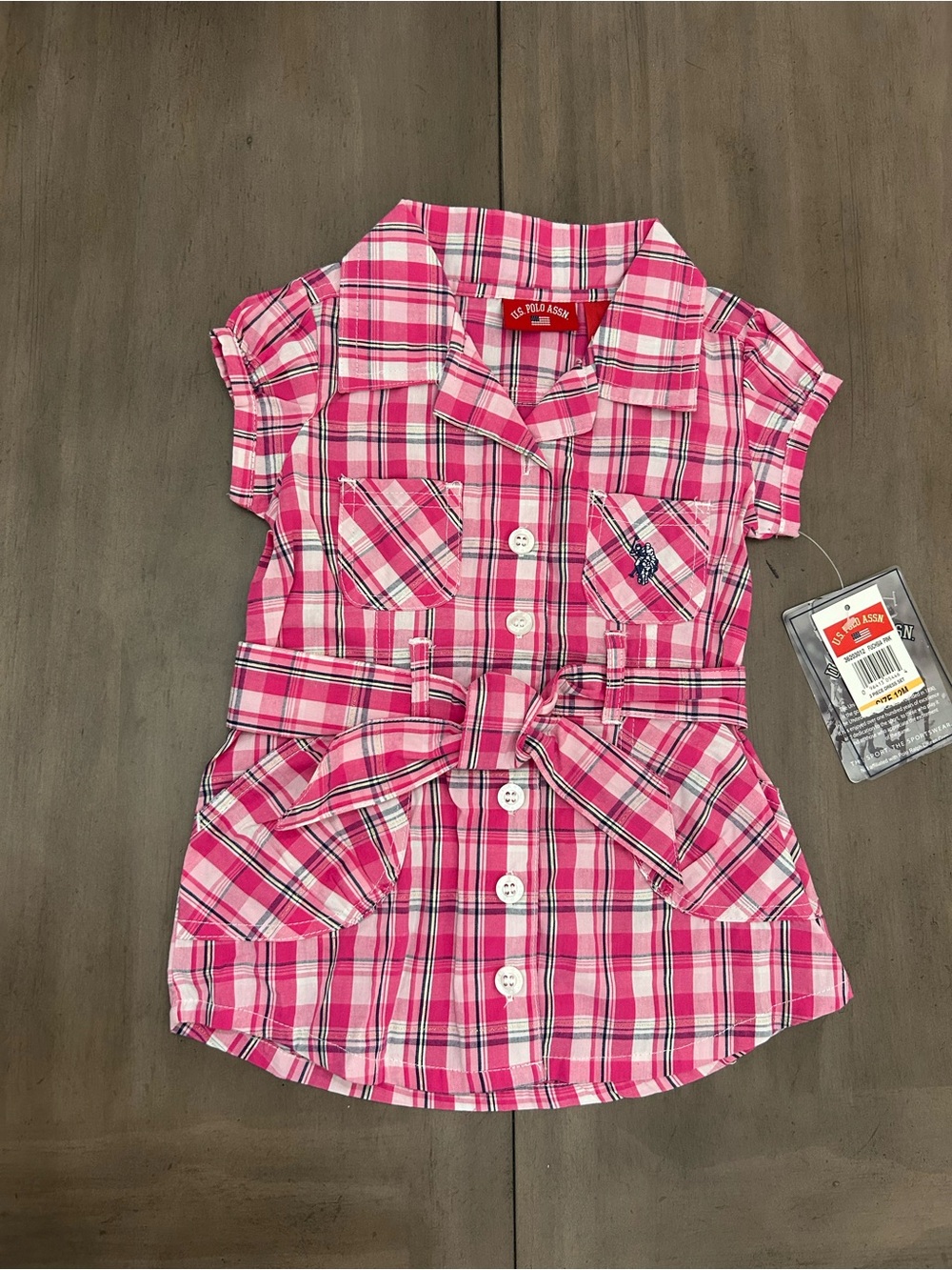 U.S. Polo Assn. Girls Pink Blue Metallic Plaid Collared Bodysuit 12M NWT